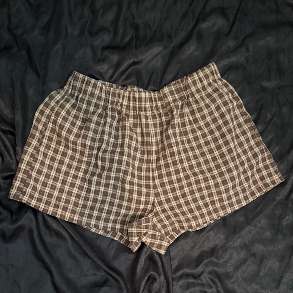 Plaid Cotton Lounge Boxer Shorts - Brown/Beige